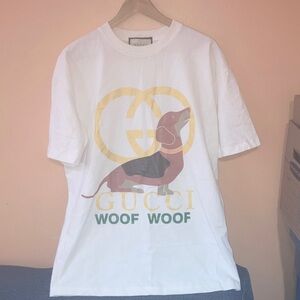 Gucci White and Gold Dog Woof Woof T-Shirt